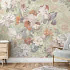 Miniatura fototapety Kwiaty na zielonym tle z liśćmi we wnętrzu salonu