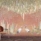 Miniatura fototapety Żurawie wśród roślin na czerwonym tle we wnętrzu przedpokoju