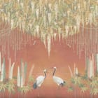 Miniatura fototapety Żurawie wśród roślin na czerwonym tle