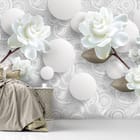 Miniatura fototapety Białe kwiaty na gałęziach 3D we wnętrzu sypialni