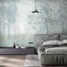 Miniatura fototapety Mglisty las z wysokimi drzewami we wnętrzu sypialni