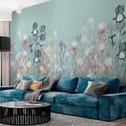 Miniatura fototapety Kwiaty irysów na tle nieba we wnętrzu salonu