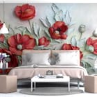 Miniatura fototapety Czerwone maki z zielonymi liśćmi we wnętrzu sypialni