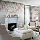 Miniatura fototapety Kwiatowy wzór z pastelowymi wstążkami we wnętrzu salonu