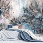 Miniatura fototapety Abstrakcyjne kwiaty w szarości we wnętrzu sypialni