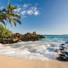 Miniatura fototapety Plaża z palmami i skałami