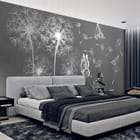 Miniatura fototapety Białe dmuchawce na szarym tle we wnętrzu sypialni