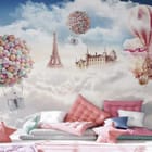 Miniatura fototapety Balony nad chmurami z wieżą Eiffla we wnętrzu pokoju nastolatka