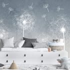 Miniatura fototapety Białe dmuchawce na szarym tle we wnętrzu pokoju nastolatka