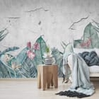 Miniatura fototapety Tropikalne liście i kwiaty we wnętrzu salonu