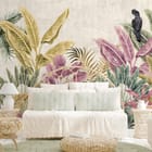 Miniatura fototapety Tropikalne liście w kolorach natury we wnętrzu sypialni