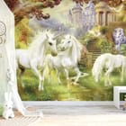 Miniatura fototapety Trzy jednorożce na łące - aranżacja w pokoju dziecka