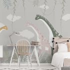 Miniatura fototapety Kolorowe dinozaury na łące we wnętrzu pokoju nastolatka