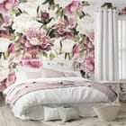 Miniatura fototapety Piwonie na białym tle we wnętrzu sypialni