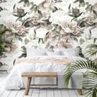 Miniatura fototapety Kwiaty piwonii z liśćmi we wnętrzu sypialni