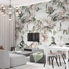 Miniatura fototapety Kwiaty piwonii z liśćmi we wnętrzu salonu