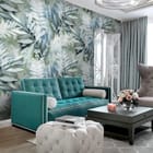 Miniatura fototapety Liście w odcieniach zieleni i niebieskiego we wnętrzu salonu