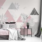 Miniatura fototapety Geometryczne trójkąty z liśćmi we wnętrzu sypialni