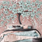 Miniatura fototapety Drzewo z kwiatami na różowym tle we wnętrzu sypialni