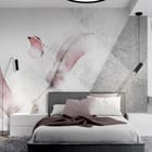 Miniatura fototapety Różowe pióra na jasnym tle we wnętrzu sypialni