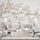 Miniatura fototapety Gałąź z kwiatami i liśćmi we wnętrzu salonu