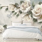 Miniatura fototapety Białe róże na gałęzi z motylami we wnętrzu sypialni