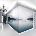 Miniatura fototapety Czerwona łódka na spokojnym jeziorze we wnętrzu przedpokoju