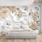 Miniatura fototapety Kremowe róże i białe okręgi we wnętrzu sypialni