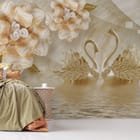 Miniatura fototapety Dekoracyjne kwiaty i łabędzie we wnętrzu sypialni