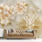 Miniatura fototapety Dekoracyjne kwiaty i łabędzie we wnętrzu salonu