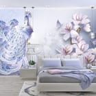 Miniatura fototapety Paw na kolumnie z magnoliami we wnętrzu sypialni