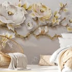 Miniatura fototapety Kwiaty i ptaki na gałęzi we wnętrzu sypialni