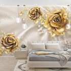 Miniatura fototapety Złote róże na jedwabiu we wnętrzu sypialni