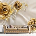 Miniatura fototapety Złote róże na jedwabiu we wnętrzu salonu