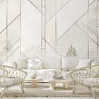 Miniatura fototapety Liście palmowe na geometrycznym tle we wnętrzu salonu