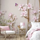 Miniatura fototapety Kwiaty magnolii na gałęziach we wnętrzu sypialni