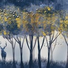 Miniatura fototapety Las z jeleniem i żółtymi liśćmi