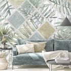 Miniatura fototapety Geometryczny wzór z liśćmi palmowymi we wnętrzu salonu