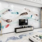 Miniatura fototapety Kolorowe pióra na białym tle we wnętrzu salonu