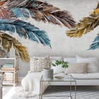 Miniatura fototapety Kolorowe pióra na jasnym tle we wnętrzu salonu