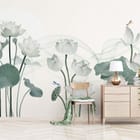 Miniatura fototapety Białe kwiaty lotosu i zielone liście we wnętrzu przedpokoju