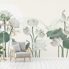 Miniatura fototapety Białe kwiaty lotosu i zielone liście we wnętrzu salonu