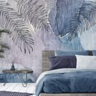 Miniatura fototapety Liście palmowe na abstrakcyjnym tle we wnętrzu sypialni