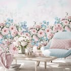 Miniatura fototapety Bukiet różowych i niebieskich kwiatów we wnętrzu salonu