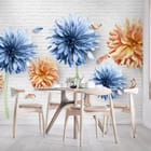 Miniatura fototapety Kwiaty 3D na tle cegieł we wnętrzu kuchni