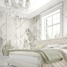 Miniatura fototapety Liście paproci na geometrycznym tle we wnętrzu sypialni