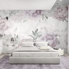 Miniatura fototapety Pastelowe Piwonie i Liście we wnętrzu sypialni