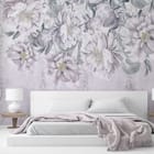 Miniatura fototapety Piwonie na dekoracyjnym tle we wnętrzu sypialni