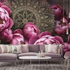 Miniatura fototapety Różowe piwonie i złote mandale we wnętrzu salonu