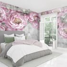 Miniatura fototapety Różowe Piwonie na Szarym Tle we wnętrzu sypialni